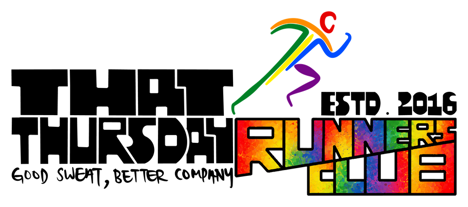 That Thursday Runners Club logo — a runner drawn in six colours. Good sweat, better company. Estd. 2016.